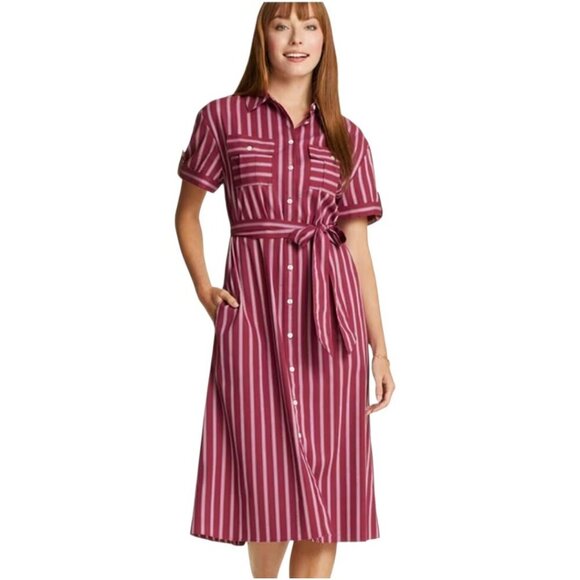 Draper James Red Striped Belted Shirt Dress Size M Excellent - Picture 1 of 9